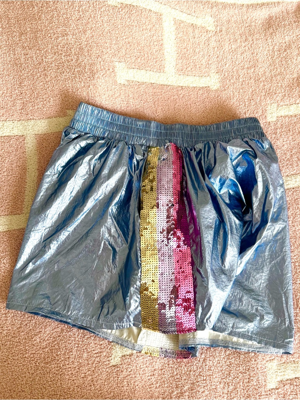 QUEEN OF SPARKLES Shiny Blue Shorts with Sequin Rainbow Stripe